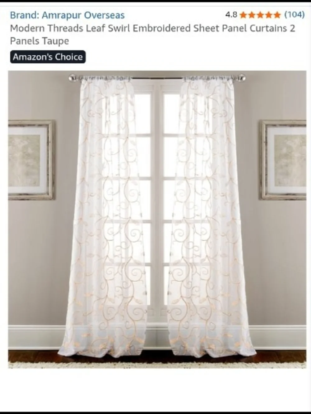 Taupe Leaf Swirl Embroidered Sheer Curtain Panel X4 NWOT